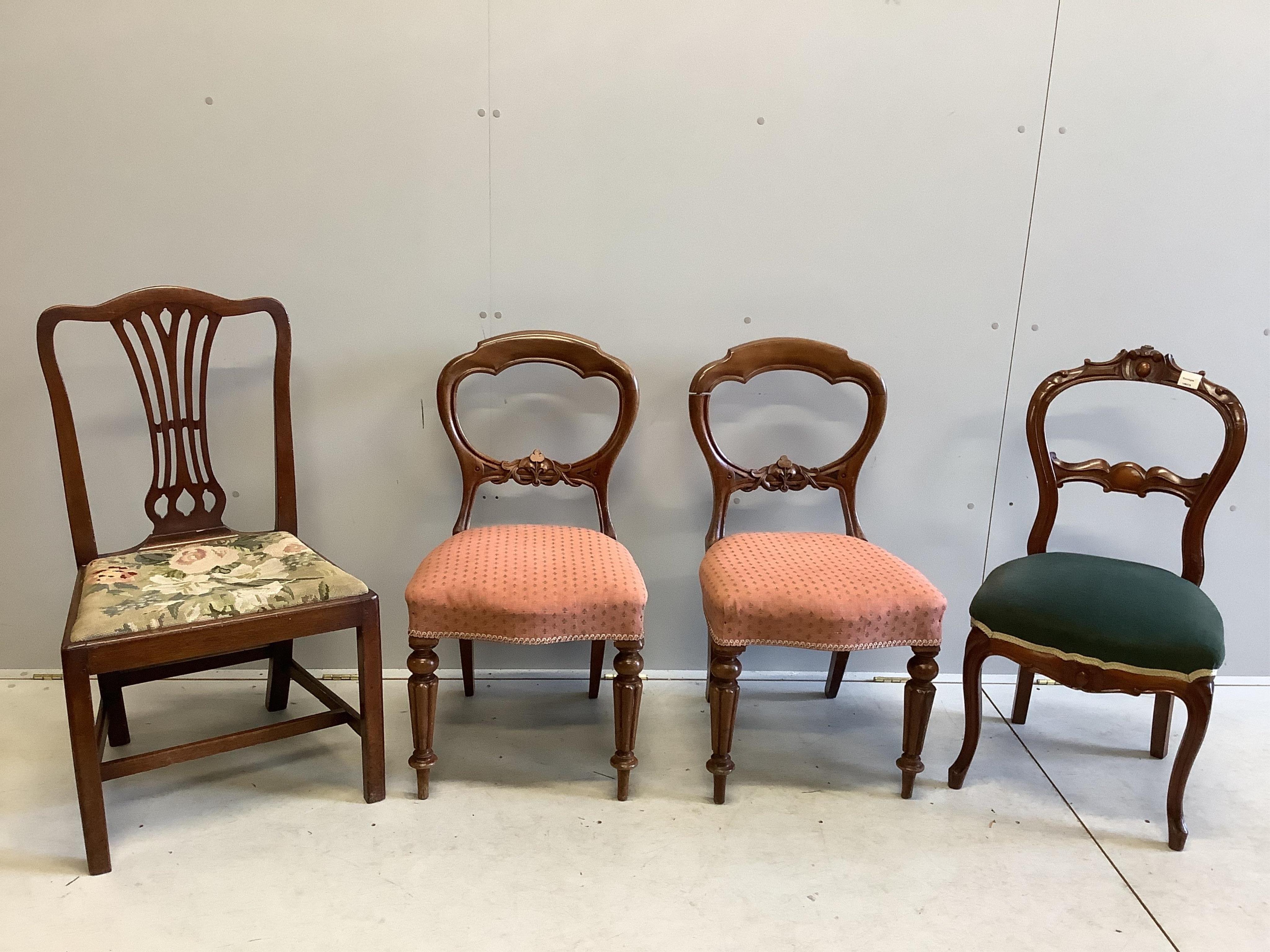 A pair of Victorian mahogany dining chairs, on fluted legs, another on cabriole legs and a Chippendale style chair, with a drop in tapestry seat. Condition - fair